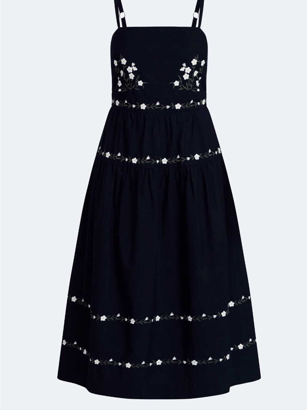 Dark navy Embroidered Floral Midi Sundress with Adjustable Straps